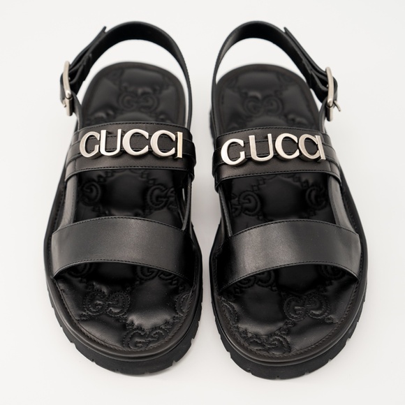 size 11G 11.5 US Gucci Leather Sandals Black Silver Logo Strap Buckle main image 6